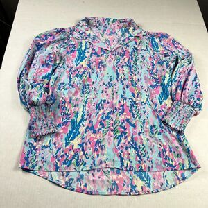 Multicolor Abstract Print Blouse Womens M Long Sleeve Shirred Cuff Resort Top